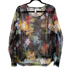 Newport News Swim Sheer Long Sleeve Floral Scoop Neck Cover Up Blouse Black‎ 3X